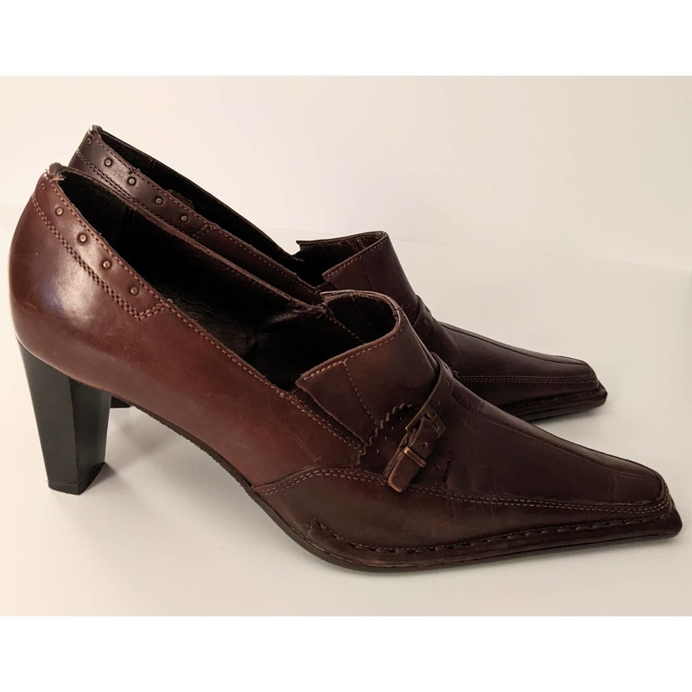 Kampgen Handmade 8.5 Brown Leather Buckle Heels Pumps Pointed Square Toe Women's - Picture 3 of 12